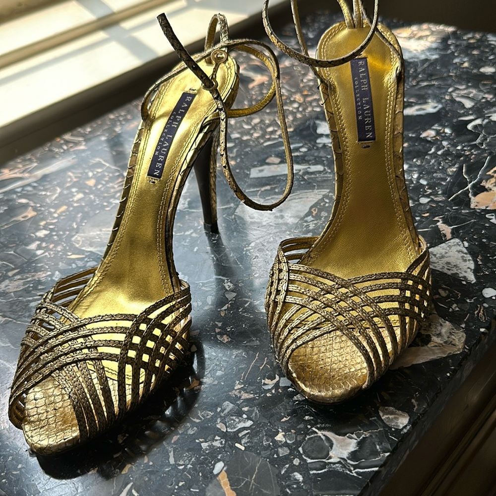 Ralph Lauren purple label gold snake skin pumps